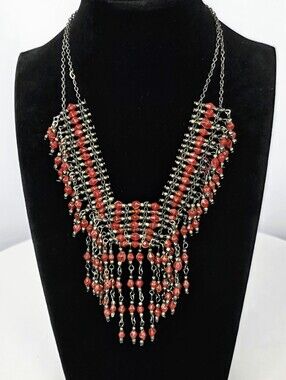 Vintage Red Beaded Fringe Statement Bib Necklace Boho Festival Jewelry VGUC